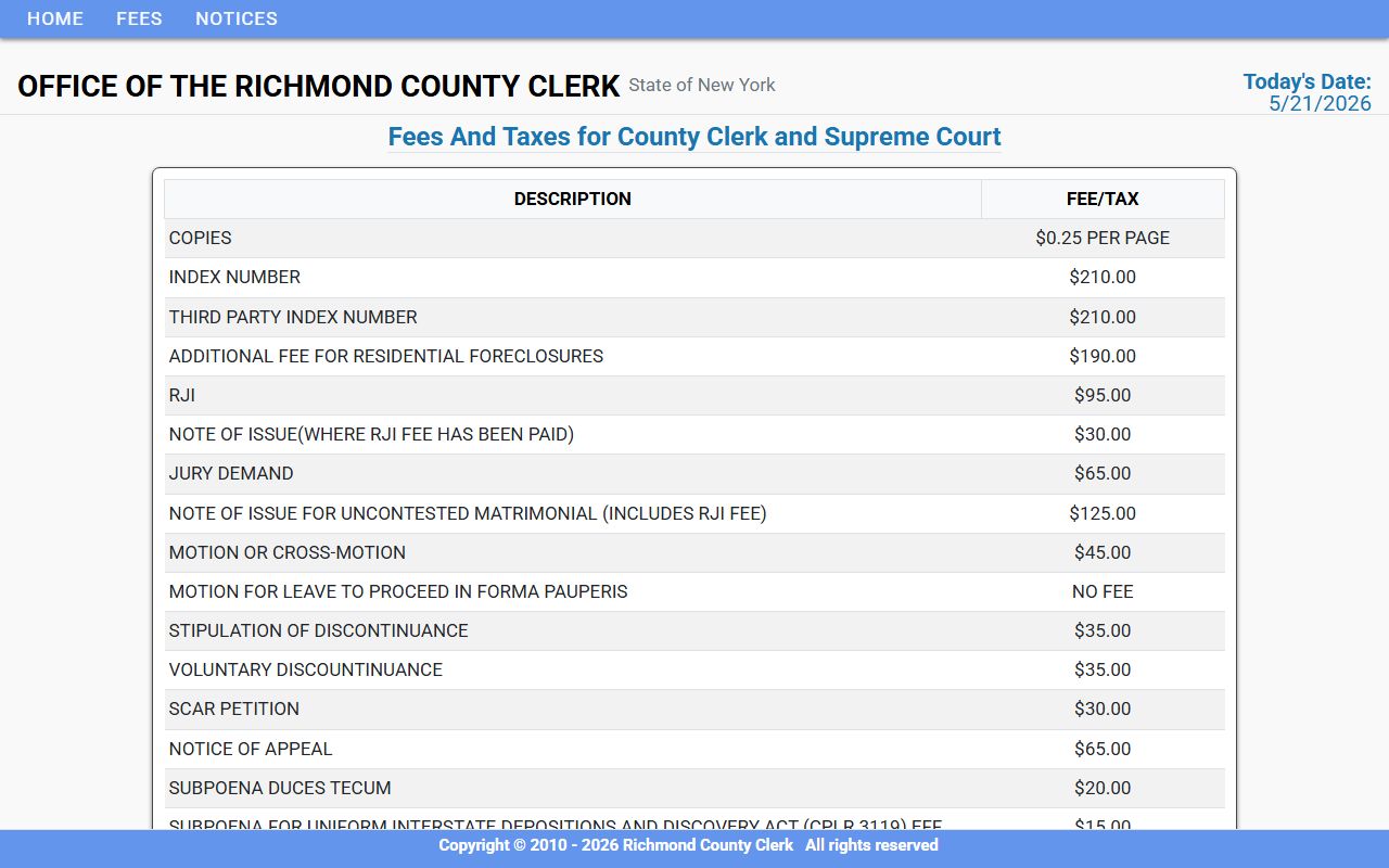 Richmond County court records fee schedule from the County Clerk