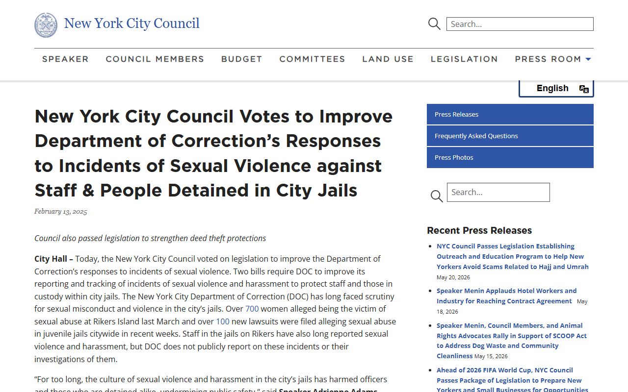 Richmond County inmate population and NYC Council DOC legislation
